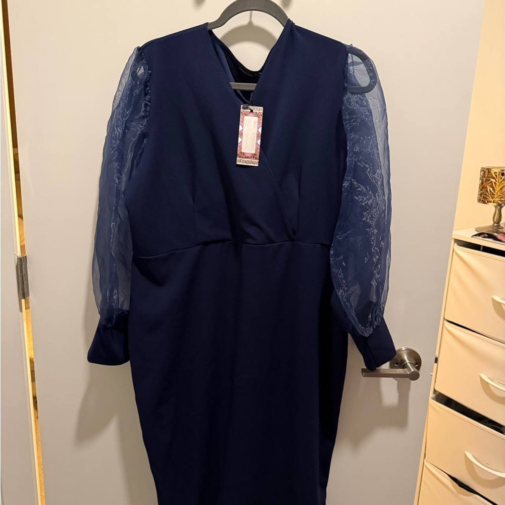 Boohoo Plus Navy Dress with Sheer Sleeves